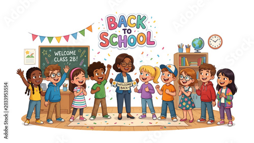 Vászonkép Back to School Celebration: A cheerful teacher greets a diverse group of enthusiastic schoolchildren, ready to begin a new academic year filled with learning and fun