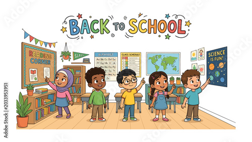 Konstfotografi Back to School Excitement: Diverse group of happy children, eager to learn, stand in a vibrant classroom adorned with educational posters, celebrating the start of a new academic year