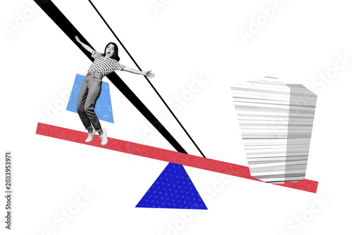 Foto Composite photo collage of astonished girl stand scales workload pressure paper