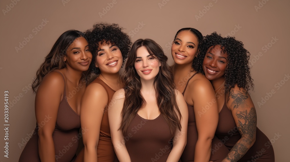 Obraz premium Four women with different skin tones and hair textures posing closely in brown outfits. Concept of unity, skin care diversity, and inclusive aesthetic standards.