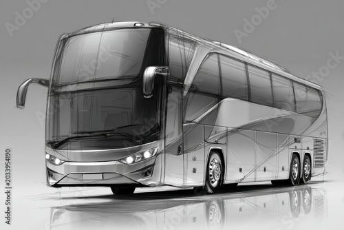 Monochrome digital drawing of a modern luxury double-decker coach bus with sleek aerodynamic design and prominent windows standing on a reflective surface