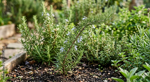Close Up of Fresh Green Rosemary Twig Growing in Natural Garden Soil