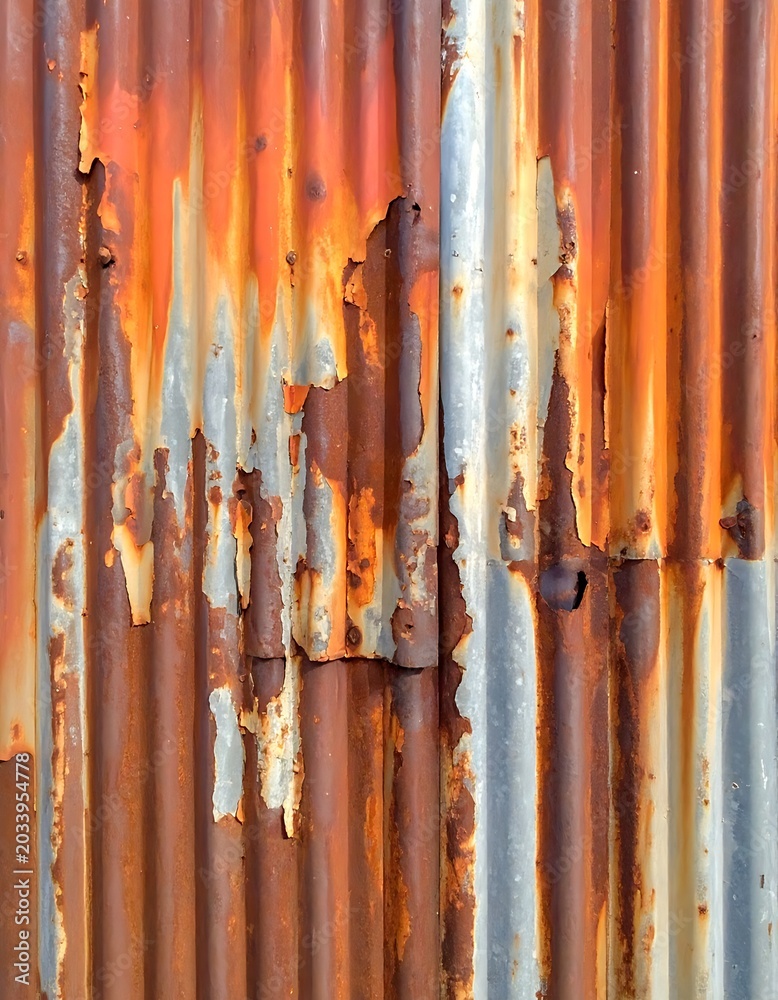 Obraz premium A close-up of a weathered, rusty corrugated metal surface