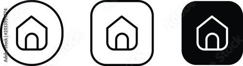 Home icon in three distinct styles circle and solid black against white background vector silhouette