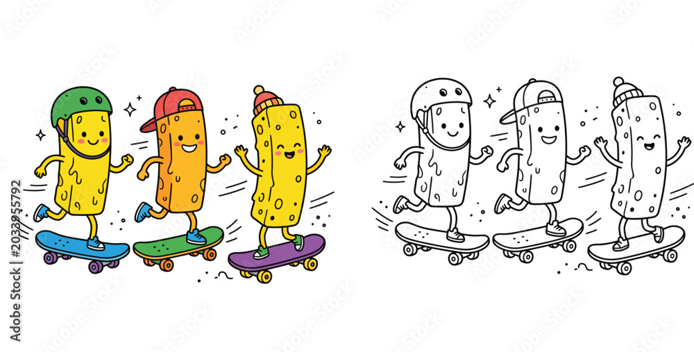Fototapeta premium Cute Cheese Stick Characters Skateboarding Cartoon Illustration with Black and White Line Art for Kids Educational Coloring Book Page