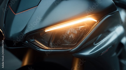 Luxury sport motorcycle headlight detail with sleek aerodynamic design, dark moody lighting, and cinematic premium automotive showcase.