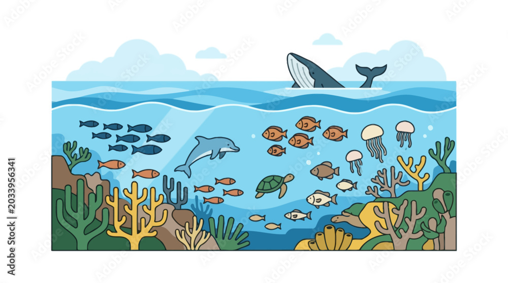 Naklejka premium Colorful cartoon illustration of diverse marine life and coral reef under the ocean surface. EPS Editable. Vector Illustrations.