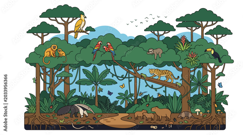 Naklejka premium Colorful rainforest ecosystem vector illustration showing diverse jungle wildlife and forest layers. EPS Editable. Vector Illustrations.