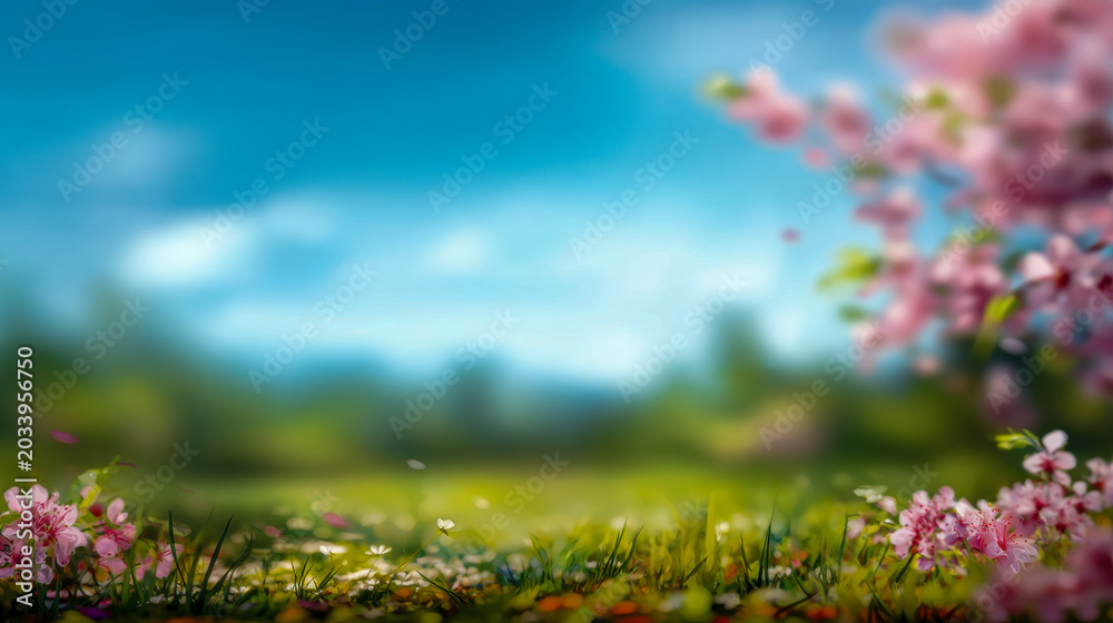 Obraz premium A serene spring meadow with vibrant pink cherry blossoms framing a lush green field under a bright blue sky filled with soft, scattered clouds on a sunny day