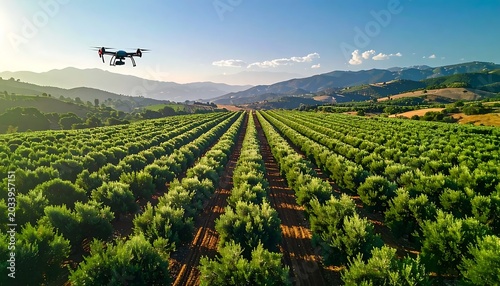 Autonomous Drone Flying Above Lush Vineyard Rows in Sunlit Mountain Valley