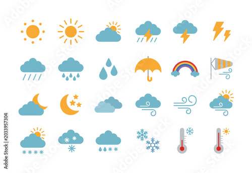 Minimalist icons representing a weather forecast. They depict the sun, clouds, rain, snow, lightning, and a thermometer. It is a modern graphic design suitable for mobile apps and user interfaces.