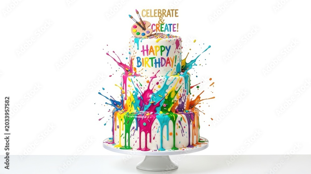 Fototapeta premium Vibrant Rainbow Drizzle Cake Celebrating Happy Birthday With Celebrate & Create Message