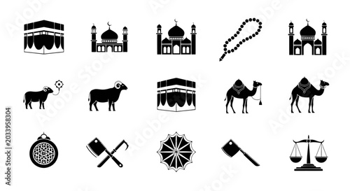Bild auf Leinwand Islamic Hajj and Eid al-Adha icon set, 15 black solid vector symbols of Kaaba an