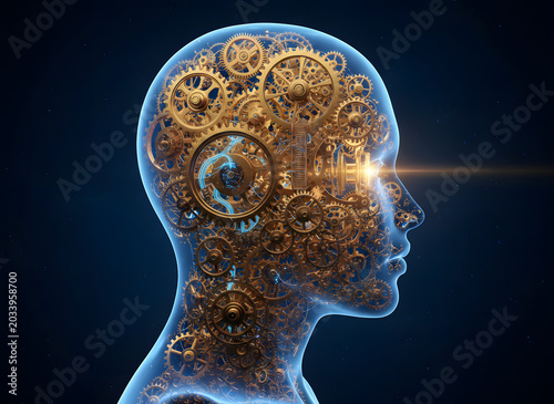 Human Mind as Mechanical Clockwork - Transparent Head with Golden Gears Representing Intelligence and Thinking Process