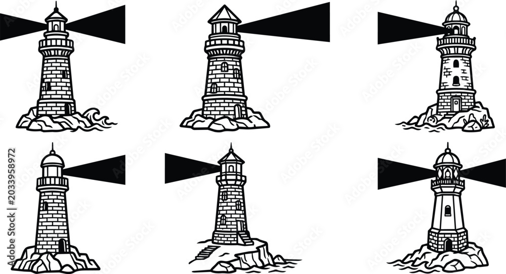 Fototapeta premium Six lighthouse line art illustrations with beacon beams