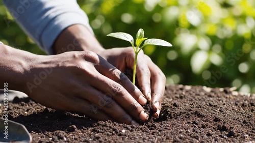 Person's hands planting small green plant seedling in rich soil