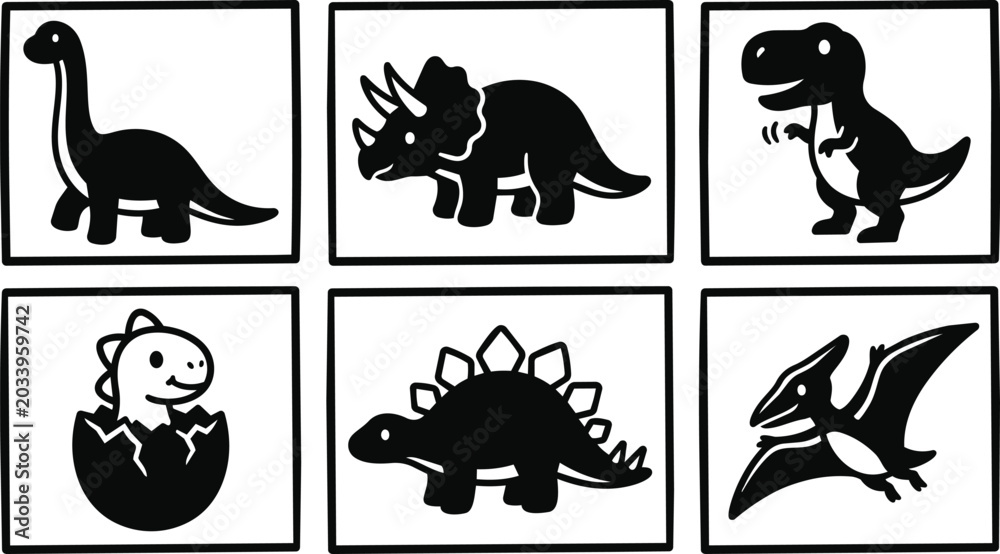 Fototapeta premium Six dinosaur icons arranged in grid in bold black vector style