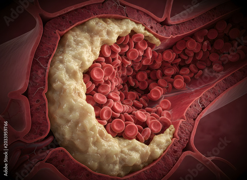 Atherosclerosis Cross Section 3D Illustration Showing Cholesterol Plaque Buildup Blocking Artery with Red Blood Cells