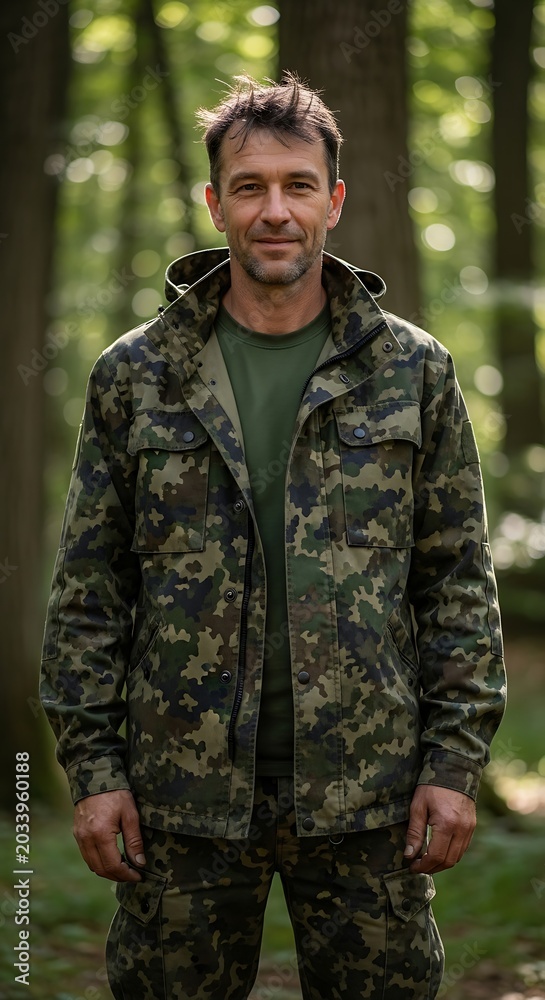Obraz premium Man in camouflage jacket stands outdoors in a forest environment