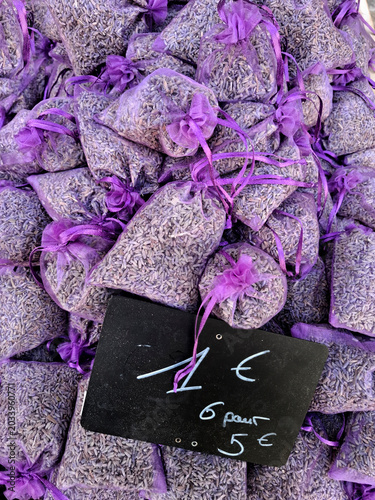 Decorative sachets filled with lavender at a farmers market market in the Provence, France