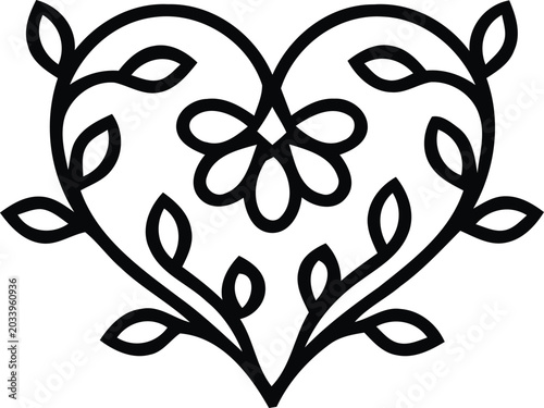Floral heart line art vector, decorative botanical heart with leaves and flower, minimalist nature heart illustration for wedding and romance