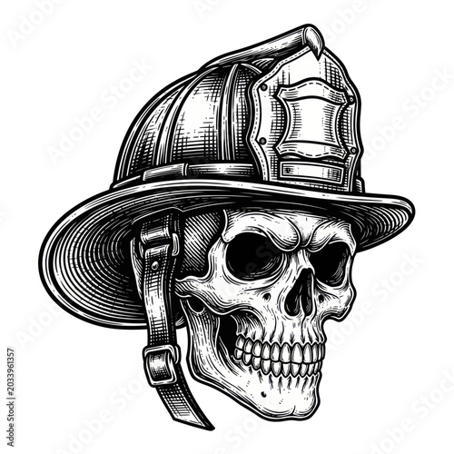 Bilde på lerret Firefighter Skull, Danger, Heroism, Vintage Style Illustration