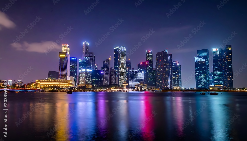 Fototapeta premium A city skyline at night with colorful lights reflecting on water