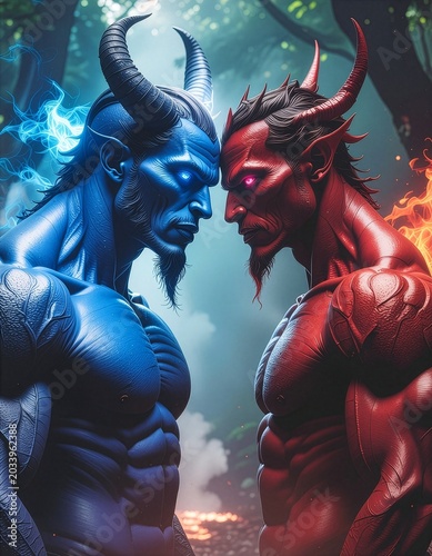 Red and Blue Oni Demons Facing Each Other in Fantasy Forest