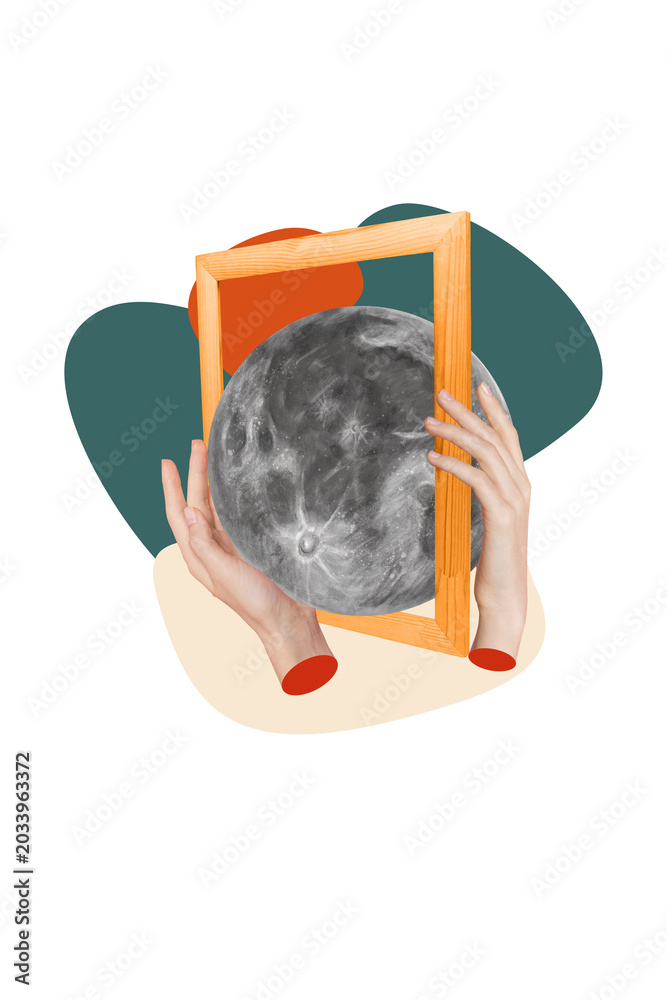 Obraz premium Vertical photo collage of artist hands hold wooden picture frame moonlight planet space concept universe isolated on painted background