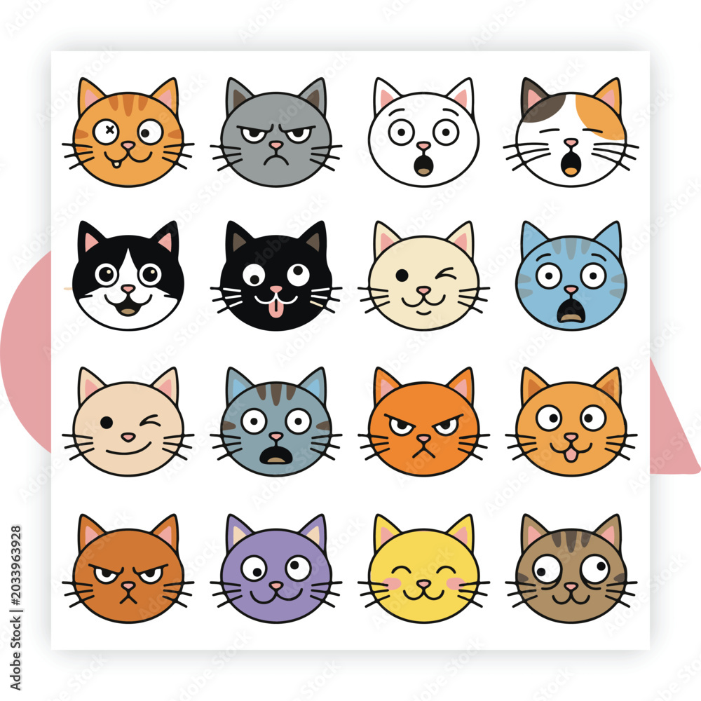Fototapeta premium Funny Cat Face Expression Vector – Cute Cartoon Kitten Emoji Style Illustration Isolated on White Background