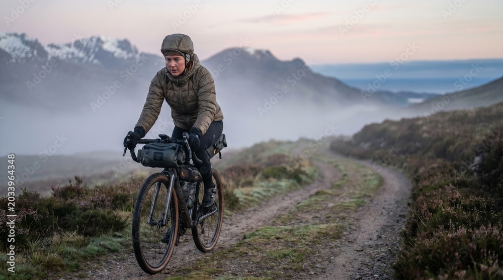 Fototapeta premium World Bicycle Day, Adventurous female cyclist embarks on a challenging gravel road journey through a misty mountainous landscape at dawn, showcasing endurance and a love for outdoor exploration