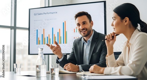 Smiling businessman presenting Q3 sales performance chart to a female colleague in the boardroom