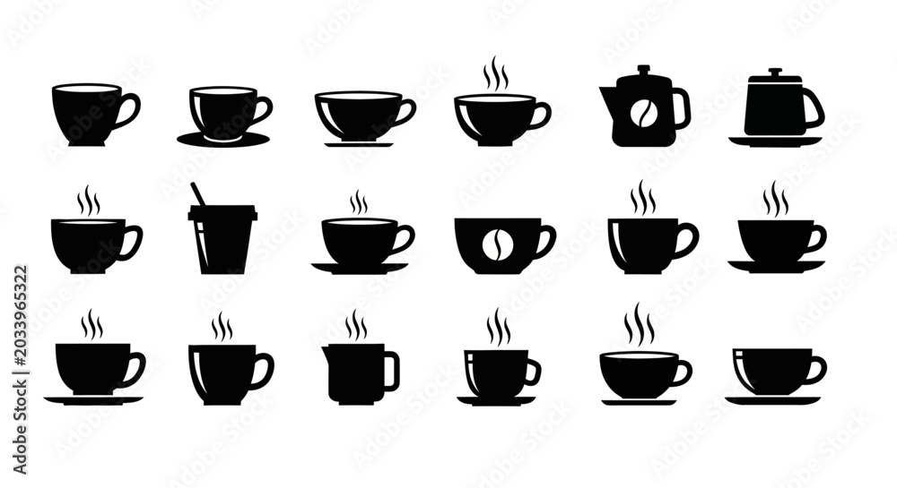 Fototapeta premium Set of black coffee cups and teapots icons isolated on a white background, representing various hot beverages for cafes and restaurants