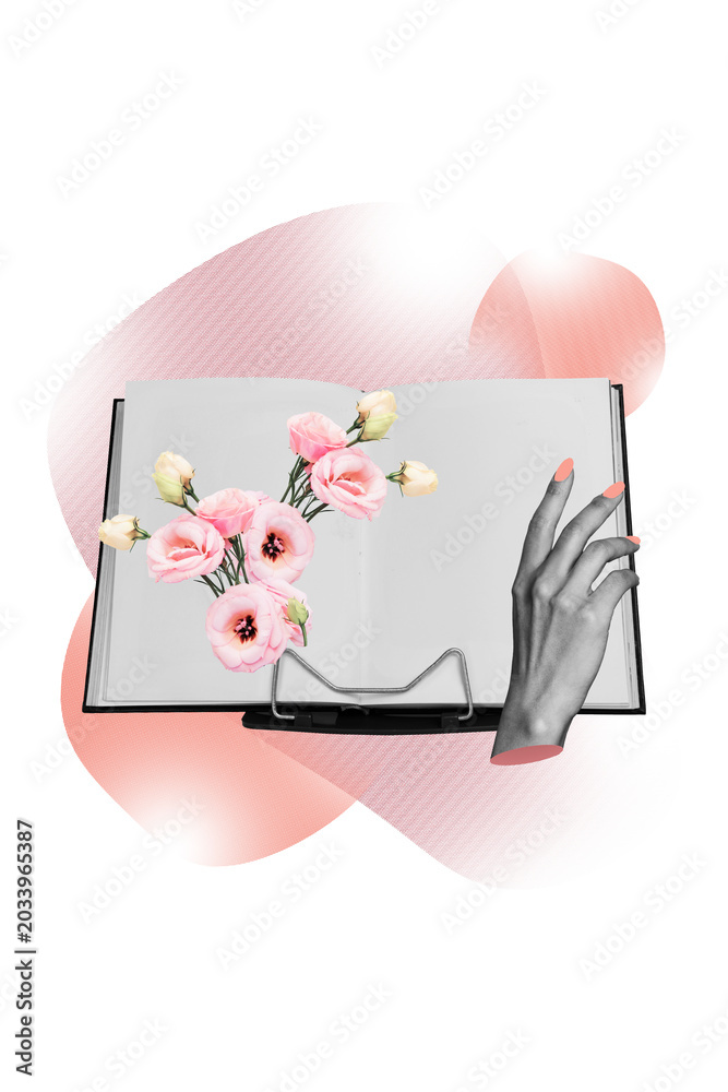 Obraz premium Trendy vertical creative image collage of hands show book imagination eustoma flower bloom magazine herbarium art plant