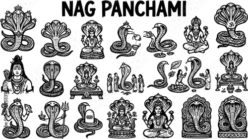 Foto Hindu Festival Nag Panchami Black  White Line Art Illustration Set with Cobras,