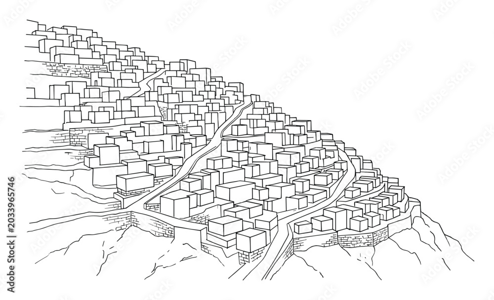 Obraz premium Hillside village buildings vector illustration on transparent background