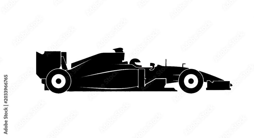Naklejka premium Minimal black silhouette icon, simple flat vector, bold black shape, no, no shading side view silhouette of a formula 1 race car on a, flat icon style