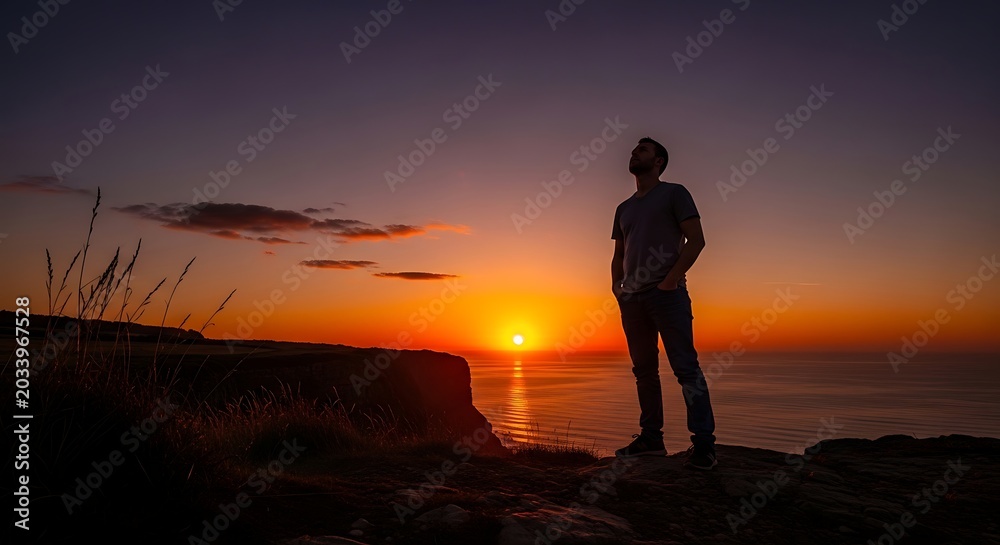 Obraz premium Man silhouetted against a vibrant sunset sky by the ocean horizon