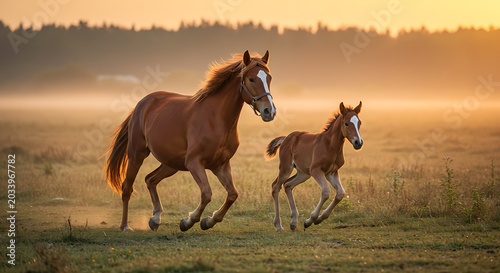 Chestnut Mare and Foal Galloping Through Golden Morning Mist, Sunlight Streaming