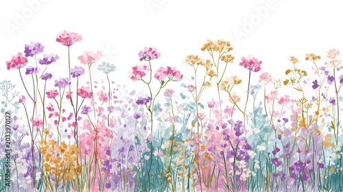 Abstract field, garden, wild flowers set. Summer landscape scene wall art or placard with pastel colored wax crayons drawings. Watercolor flower aesthetic for greeting wedding card and t-shirt 