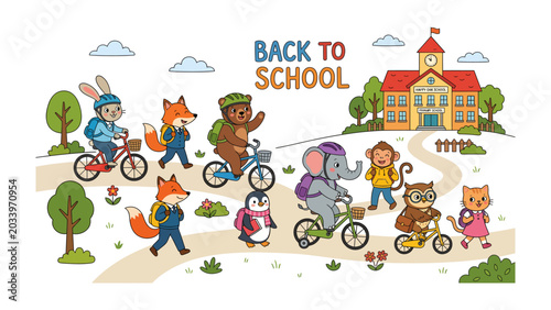 Εκτύπωση καμβά Back to School Safari: A whimsical illustration of anthropomorphic animal friends joyfully heading back to school, with some riding bikes and others walking, eager for learning and adventure