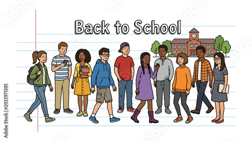 Принти на полотні Back to School Celebration: A diverse group of students, eager and excited, walk towards a classic school building, ready to embark on a new academic year