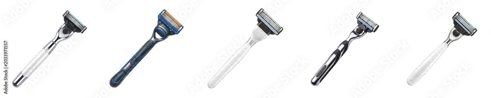 Fototapeta premium Men Shaving Razor Collection - Modern Cartridge Razors with Multi Blade Heads and Ergonomic Handles in Stainless Steel, Blue, and White Isolated on White Background