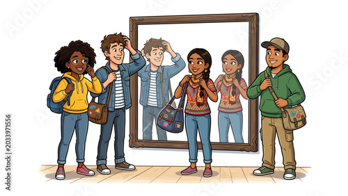 Photography A Mirror to Oneself: A group of young friends gaze into a mirror, their reflections showing a different perspective of themselves, sparking self-discovery and introspection