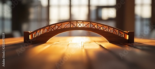 Miniature metal bridge model on wooden table with warm sunlight casting shadows