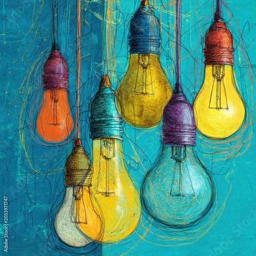 Vibrant colorful light bulbs drawn with artistic sketch lines hanging against a bright vibrant teal background creating a creative and lively composition