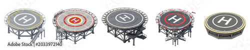 Schilderij op canvas Collection of elevated circular helipads and helicopter landing platforms with metal truss supports, shown from multiple angles isolated on a clean white background