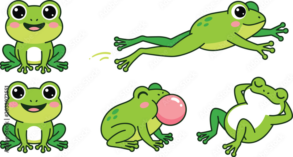 Fototapeta premium Cute Cartoon Frog Vector Character Set Featuring Green Toads in Various Poses Including Jumping Sitting Blowing Bubble Gum and Relaxing on Back