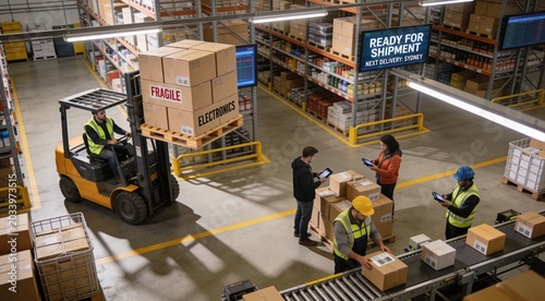 Logistics workers and forklift in busy distribution center