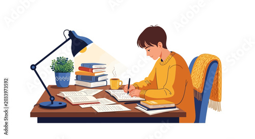 Young student diligently studying at a desk with lamp.